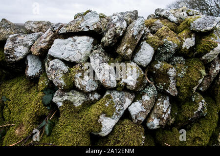 Close up of a dry stone wall with stones partially covered in moss. Stock Photo