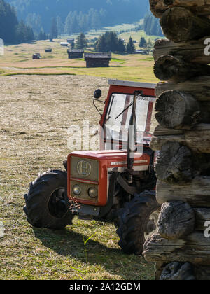 Tractor next to a barn, detail of hay harvest on the Tschey Meadows in Pfunds Stock Photo
