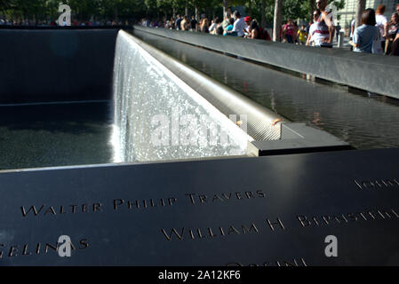 Inscription panels, waterfalls and reflecting pools at the National September 11 Memorial and Museum, Manhattan, New York, USA Stock Photo