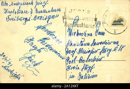 Backside of Vintage postcard with handwritten message Stock Photo