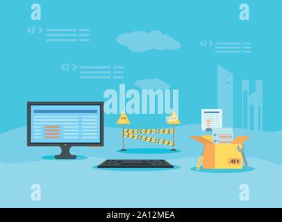 desktop with webpage under cosntruction vector illustration design Stock Vector