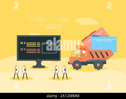 desktop with webpage under cosntruction vector illustration design Stock Vector