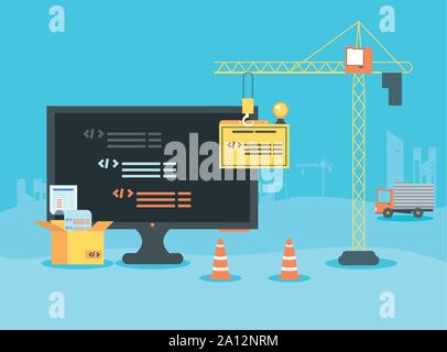 desktop with webpage under cosntruction vector illustration design Stock Vector