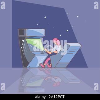 woman playing in video game console of coins with car wheel vector illustration design Stock Vector