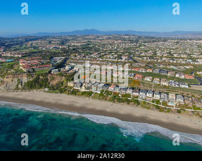 Aerial view of Salt Creek and Monarch beach coastline. Small neighborhood in Orange County City of Dana Point. California, USA. Aerial view of wealthy villa and coastline.  Stock Photo
