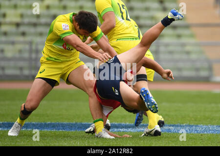 Munich, Deutschland. 22nd Sep, 2019. general game scene, action, duels . Australia USA. Rugby Oktoberfest 7s, invitation tournament of the national teams in the Siebener Rugby, on 22.09.2019 in Munich, Olympic Stadium. | usage worldwide Credit: dpa/Alamy Live News Stock Photo