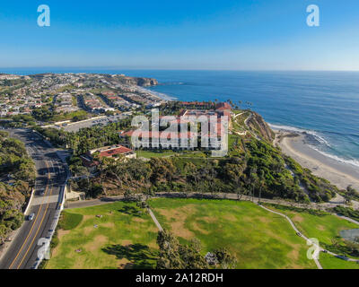 Aerial view of Salt Creek and Monarch beach coastline. Small neighborhood in Orange County City of Dana Point. California, USA. Aerial view of wealthy villa and coastline.  Stock Photo