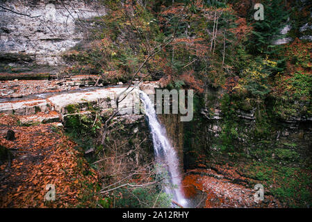 view of autumn waterfall in dip forest
