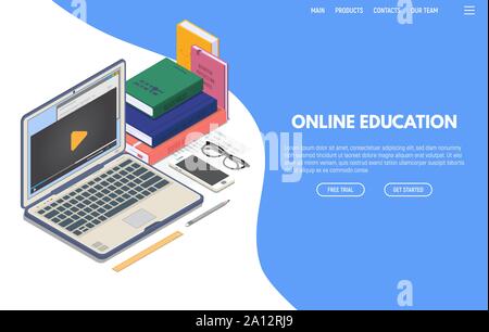Online education on computer web app. Isometric laptop with online video playing on screen and phone. Books and glasses. Online education and studying Stock Vector