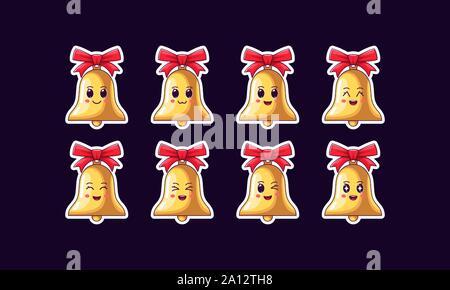 Cartoon Kawaii Bell, Christmas Sticker set. New Year and Xmas collection of Cute golden Bells with Red bow, different emotions. Festive Character with Stock Vector