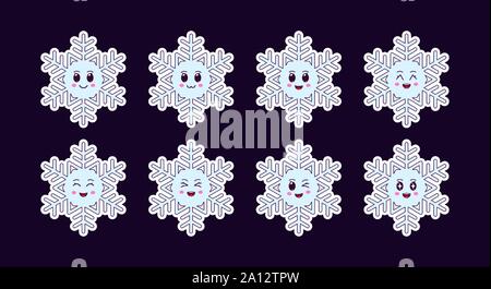 Cartoon Kawaii Snowflake, Christmas Sticker set. New Year and Xmas collection of Cute Snowflakes with different emotions. Festive Character with expre Stock Vector