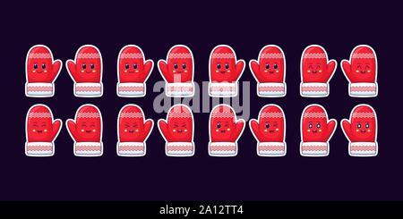 Cartoon Kawaii Mitten, Christmas Sticker set. New Year and Xmas collection of Cute red Pair mittens, different emotions. Festive Character with expres Stock Vector