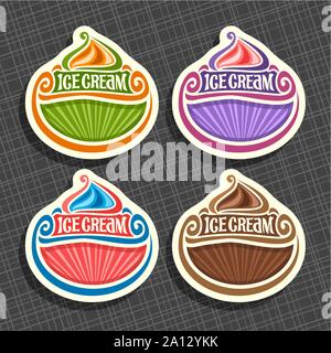 Vector set of Ice Cream Labels: 4 price tags with copy space for icecream sale info, colorful design signs with title - ice cream with rays of light b Stock Vector