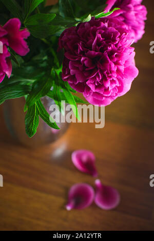 Bouquet of dark pink peonies in a vase close-up, next to three petals. Stock Photo