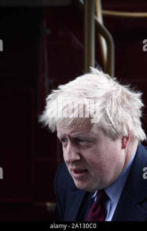 Boris Johnson whilst Mayor of London. MPS. Conservative party MPS. Picture of Boris Johnson launching the Hybrid Route Master double deck bus. The bus was made in Northern Ireland. Stock Photo