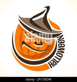 Vector logo for Halloween Pumpkin: orange Jack-o-Lantern with evil smile in hat, round icon of halloween symbol on white background. Stock Vector