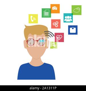 man with smart glasses and apps menu vector illustration design Stock Vector