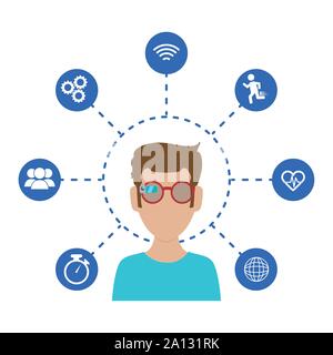 man with smart glasses and apps menu vector illustration design Stock Vector