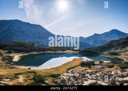 Panoramic morning view of Muratovo lake, Pirin Mountain, Bulgaria Stock Photo