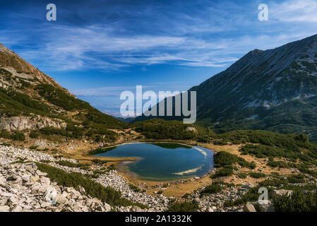 Panoramic morning view of Muratovo lake, Pirin Mountain, Bulgaria Stock Photo