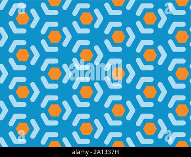 Vector seamless geometric pattern. Shaped brown hexagons, light blue lines, arrows on blue background. Stock Vector