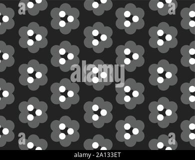 Vector seamless geometric pattern. Shaped grey and white circles, triangles, flowers on black background. Stock Vector
