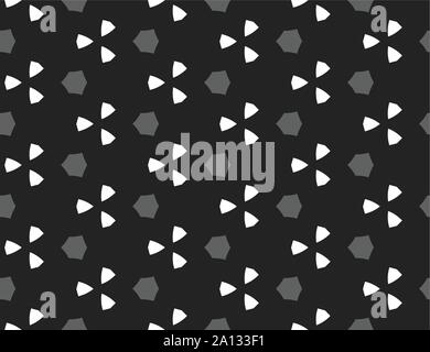 Vector seamless geometric pattern. Shaped grey hexagons, white triangles on black background. Stock Vector