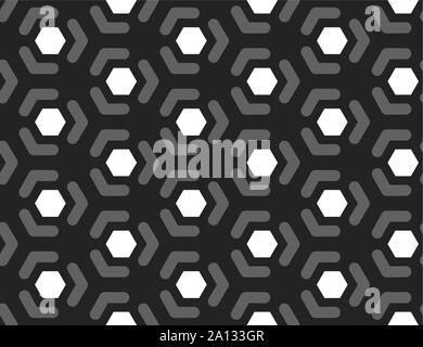 Vector seamless geometric pattern. Shaped white hexagons, grey lines, arrows on black background. Stock Vector