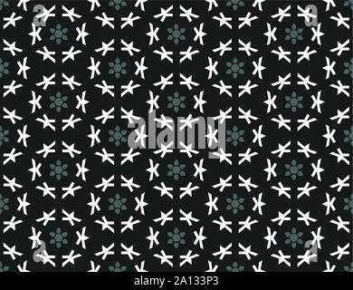 Vector seamless geometric pattern. Shaped grey flowers and white shapes on black background. Stock Vector