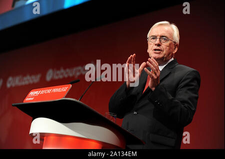 Brighton, England. 23rd September, 2019 John McDonnell, Shadow Chancellor of the Exchequer, delivers his speech to delegates, during the third day of the Labour Party annual conference at the Brighton Centre. Kevin Hayes/Alamy Live News Stock Photo