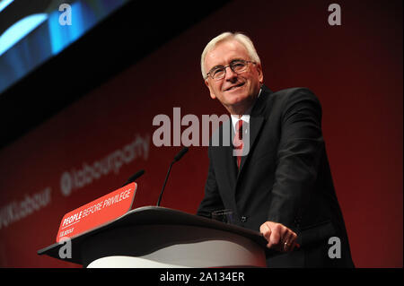 Brighton, England. 23rd September, 2019 John McDonnell, Shadow Chancellor of the Exchequer, delivers his speech to delegates, during the third day of the Labour Party annual conference at the Brighton Centre. Kevin Hayes/Alamy Live News Stock Photo