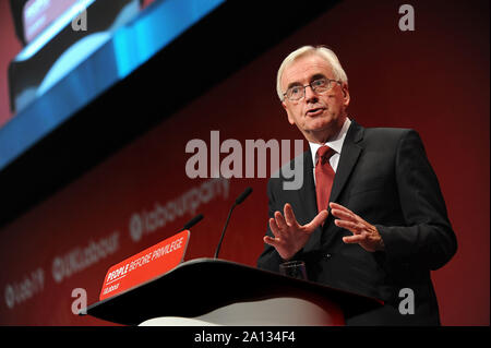 Brighton, England. 23rd September, 2019 John McDonnell, Shadow Chancellor of the Exchequer, delivers his speech to delegates, during the third day of the Labour Party annual conference at the Brighton Centre. Kevin Hayes/Alamy Live News Stock Photo