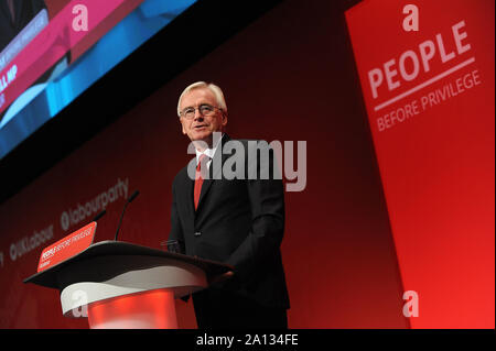 Brighton, England. 23rd September, 2019 John McDonnell, Shadow Chancellor of the Exchequer, delivers his speech to delegates, during the third day of the Labour Party annual conference at the Brighton Centre. Kevin Hayes/Alamy Live News Stock Photo