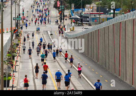 Montreal, Canada - 22 September 2019: Runners at the Marathon on Berri Street. Stock Photo