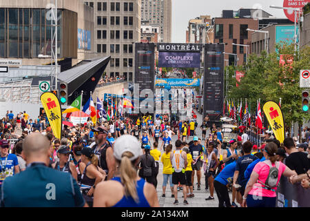 Montreal, Canada - 22 September 2019: runners resting after the finish line of the Marathon. Stock Photo