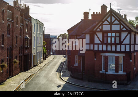 Beautiful and quiet Duke street in Chester with traditional Tudor style house. Photo taken during the sunset. Stock Photo