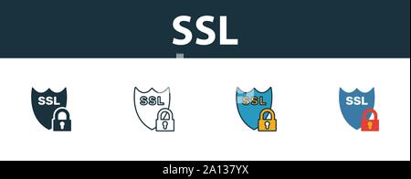 Ssl icon set. Four simple symbols in diferent styles from web hosting icons collection. Creative ssl icons filled, outline, colored and flat symbols Stock Vector