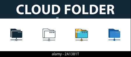 Cloud Folder icon set. Four simple symbols in diferent styles from web hosting icons collection. Creative cloud folder icons filled, outline, colored Stock Vector
