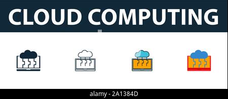 Cloud Computing icon set. Four simple symbols in diferent styles from web hosting icons collection. Creative cloud computing icons filled, outline Stock Vector