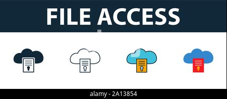 File Access icon set. Four simple symbols in diferent styles from web hosting icons collection. Creative file access icons filled, outline, colored Stock Vector