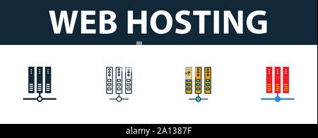 Web Hosting icon set. Four simple symbols in diferent styles from web hosting icons collection. Creative web hosting icons filled, outline, colored Stock Vector