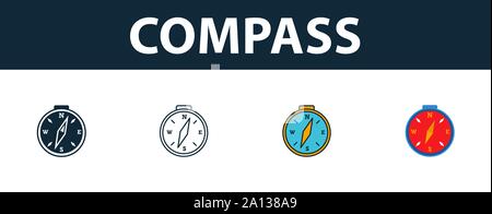 Compass icon set. Four simple symbols in diferent styles from travel icons collection. Creative compass icons filled, outline, colored and flat Stock Vector