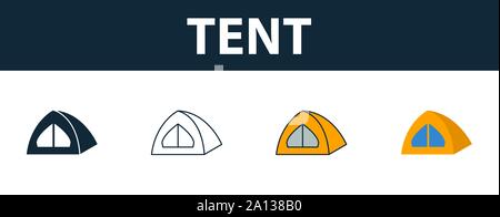 Tent icon set. Four simple symbols in diferent styles from travel icons collection. Creative tent icons filled, outline, colored and flat symbols Stock Vector