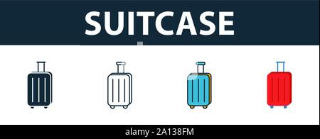 Suitcase icon set. Four simple symbols in diferent styles from travel icons collection. Creative suitcase icons filled, outline, colored and flat Stock Vector