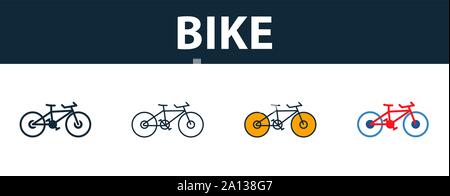 Bike icon set. Four simple symbols in diferent styles from travel icons collection. Creative bike icons filled, outline, colored and flat symbols Stock Vector