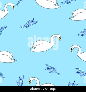 Beautiful white Swan bird isolated by blue background. Vector seamless illustration. Stock Vector