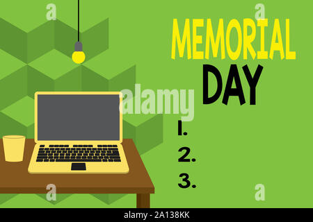 Text sign showing Memorial Day. Business photo text To honor and remembering those who died in military service Front view open laptop lying on wooden Stock Photo