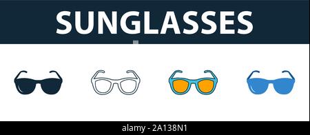 Sunglasses icon set. Four simple symbols in diferent styles from travel icons collection. Creative sunglasses icons filled, outline, colored and flat Stock Vector