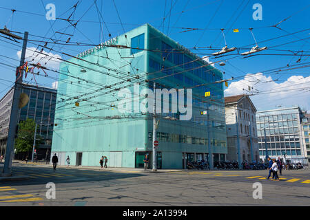 Famous center of Geneva with street trafic and J. Safra Sarasin Bank headquarter in Rue du Rhone 70, near Place de Bel- Air. Stock Photo