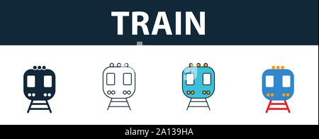 Train icon set. Four simple symbols in diferent styles from transport icons collection. Creative train icons filled, outline, colored and flat symbols Stock Vector